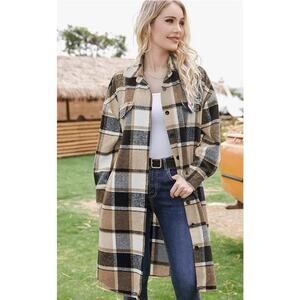 Plaid Shacket Button Wool Blend Long Tartan Trench Coat with Pockets SIZE SMALL